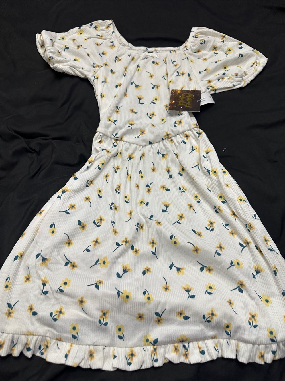 Girls White Floral Puff-Sleeve Casual Dress with Yellow Bloom Print planet gold